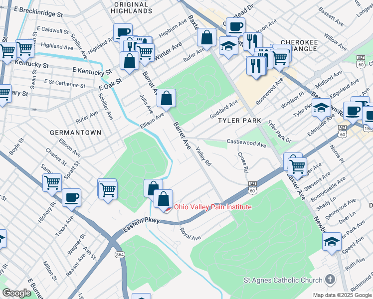 map of restaurants, bars, coffee shops, grocery stores, and more near 112 Valley Road in Louisville