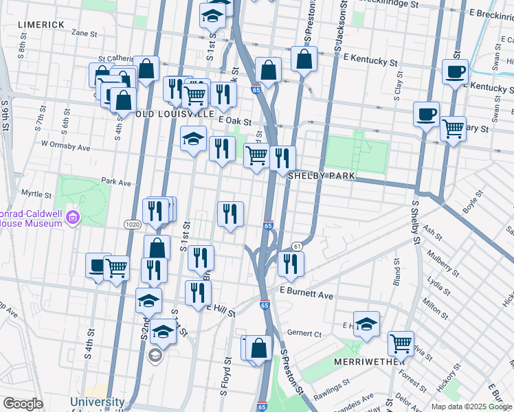 map of restaurants, bars, coffee shops, grocery stores, and more near 1321 South Floyd Street in Louisville