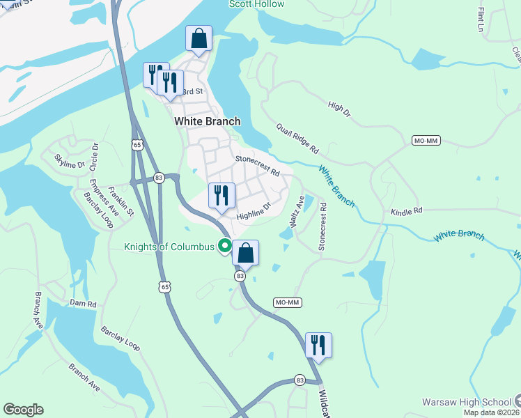 map of restaurants, bars, coffee shops, grocery stores, and more near Highline Drive in Warsaw