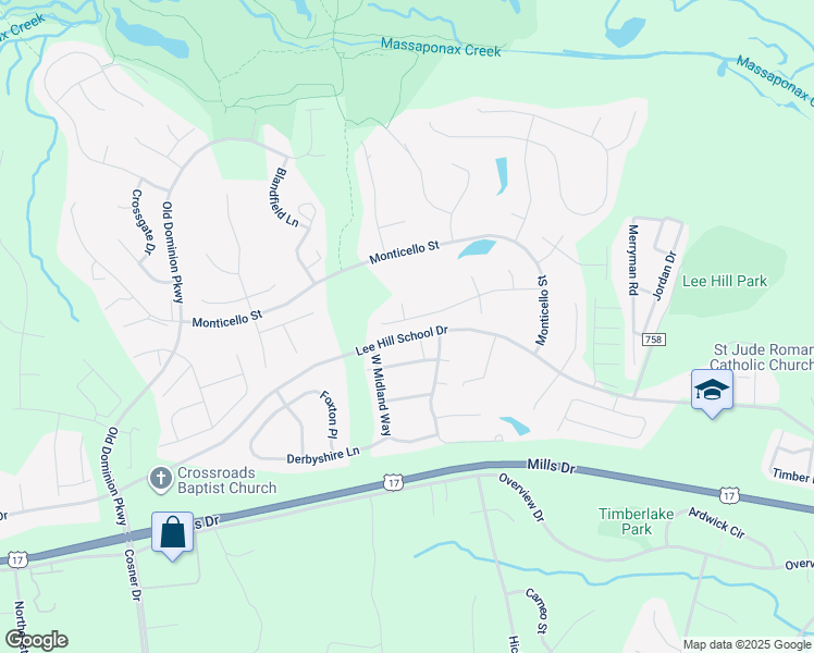 map of restaurants, bars, coffee shops, grocery stores, and more near 4120 Mossy Bank Lane in Fredericksburg