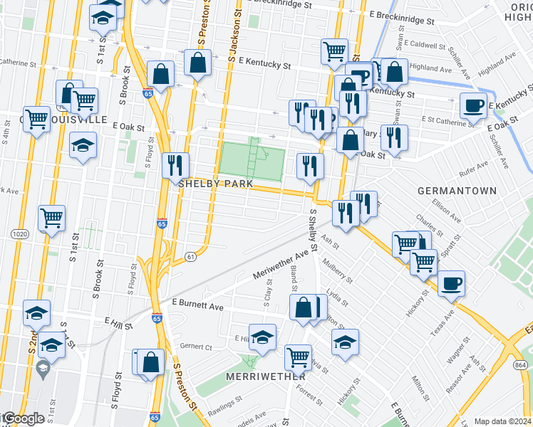 map of restaurants, bars, coffee shops, grocery stores, and more near 626 East Ormsby Avenue in Louisville