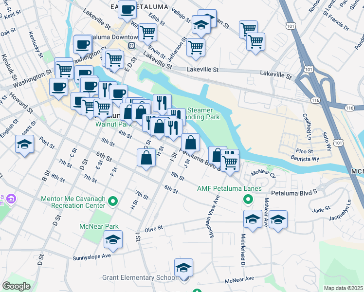 map of restaurants, bars, coffee shops, grocery stores, and more near 709 Petaluma Boulevard South in Petaluma