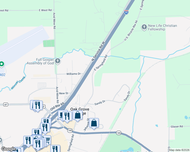 map of restaurants, bars, coffee shops, grocery stores, and more near 1116 East Springfield Road in Sullivan