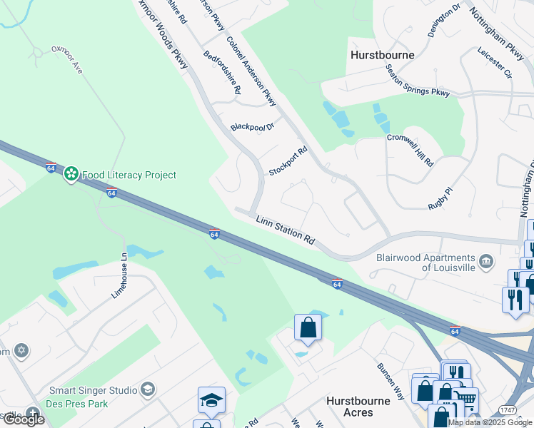 map of restaurants, bars, coffee shops, grocery stores, and more near 8803 Linn Station Road in Louisville