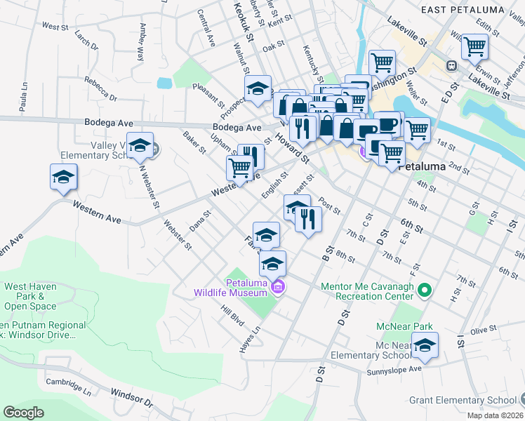 map of restaurants, bars, coffee shops, grocery stores, and more near 328 Baker Street in Petaluma