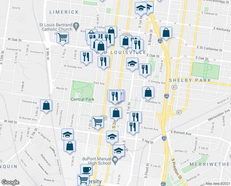 map of restaurants, bars, coffee shops, grocery stores, and more near 1354 South 2nd Street in Louisville