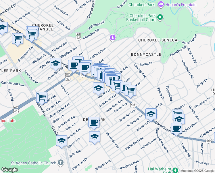 map of restaurants, bars, coffee shops, grocery stores, and more near 1704 Bardstown Road in Louisville