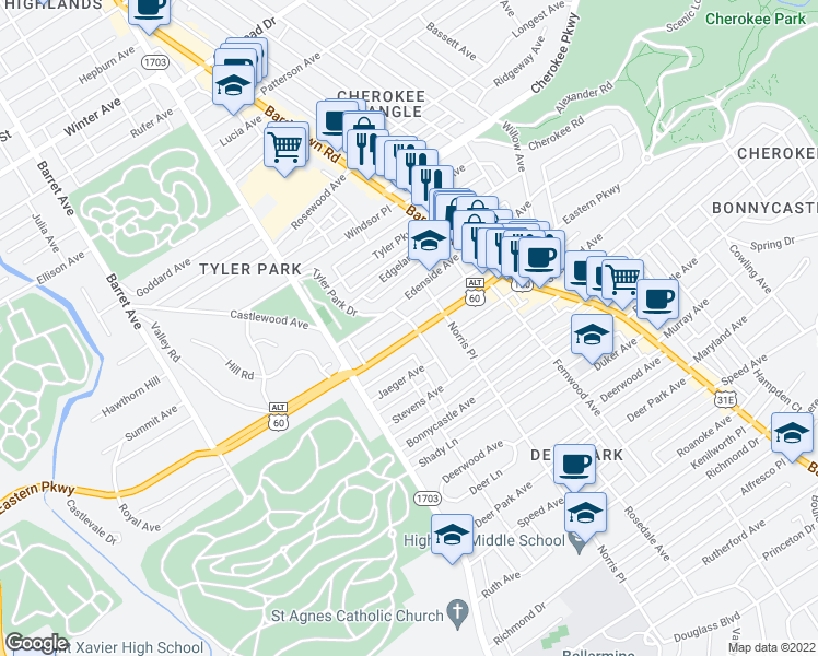 map of restaurants, bars, coffee shops, grocery stores, and more near 1659 Eastern Parkway in Louisville