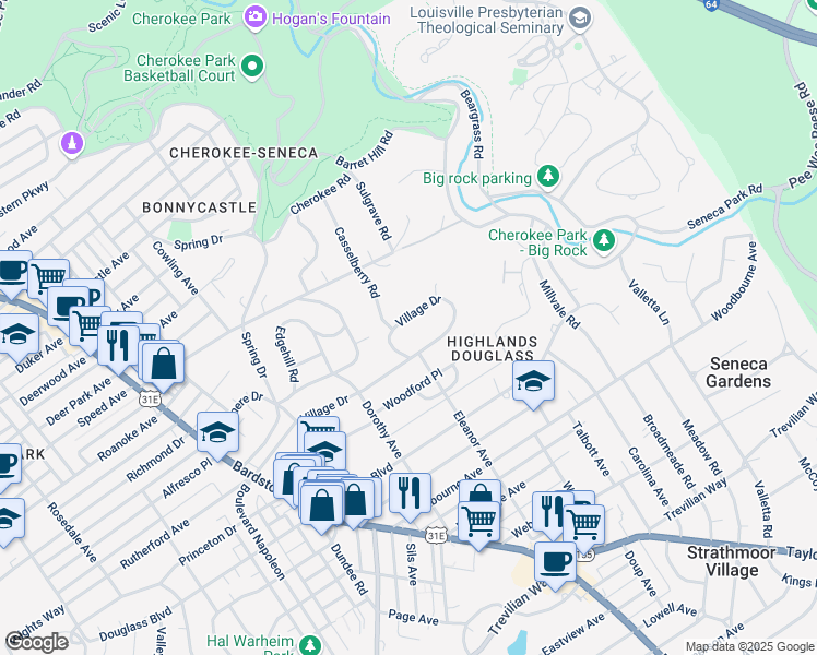 map of restaurants, bars, coffee shops, grocery stores, and more near 2335 Village Drive in Louisville
