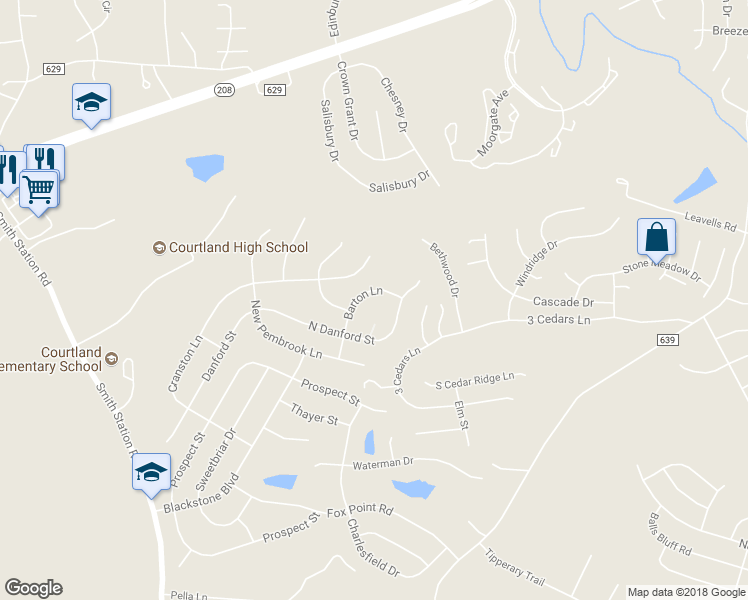 map of restaurants, bars, coffee shops, grocery stores, and more near 5908 Barton Lane in Fredericksburg