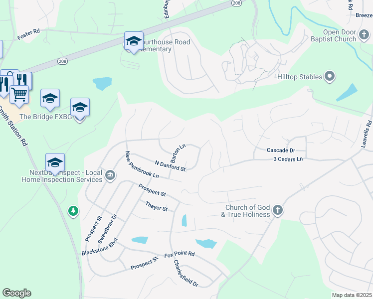 map of restaurants, bars, coffee shops, grocery stores, and more near 5908 Barton Lane in Fredericksburg