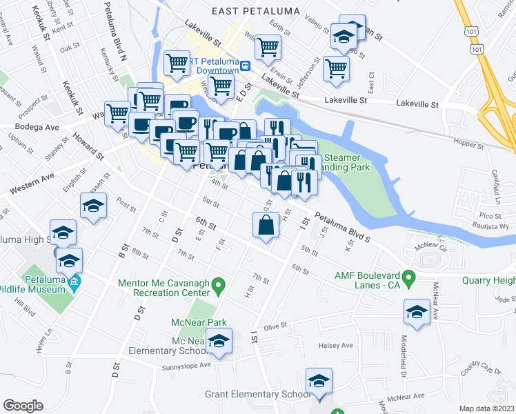 map of restaurants, bars, coffee shops, grocery stores, and more near 420 4th Street in Petaluma