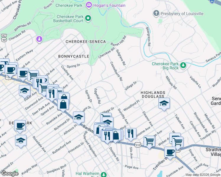 map of restaurants, bars, coffee shops, grocery stores, and more near 1838 Lauderdale Road in Louisville