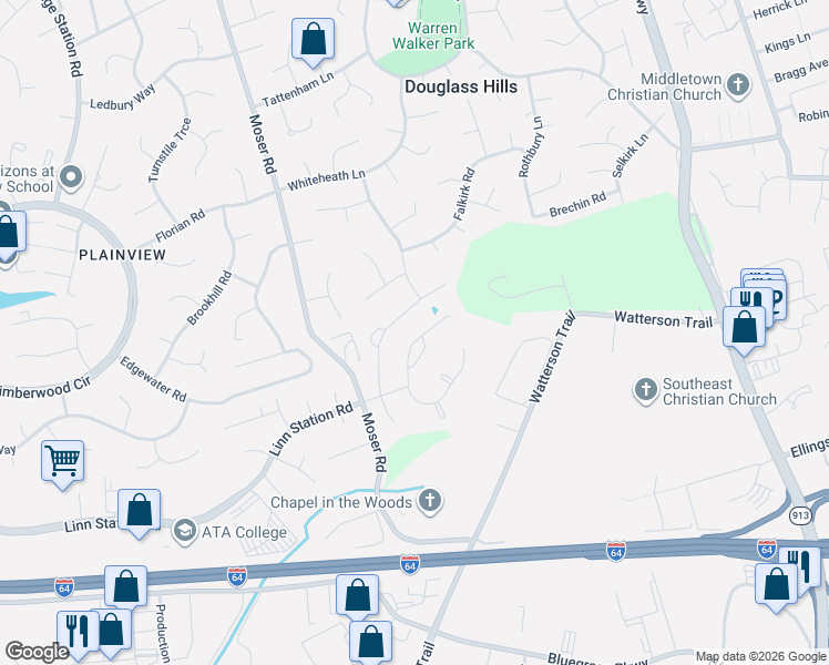 map of restaurants, bars, coffee shops, grocery stores, and more near 1207 Moser Road in Louisville