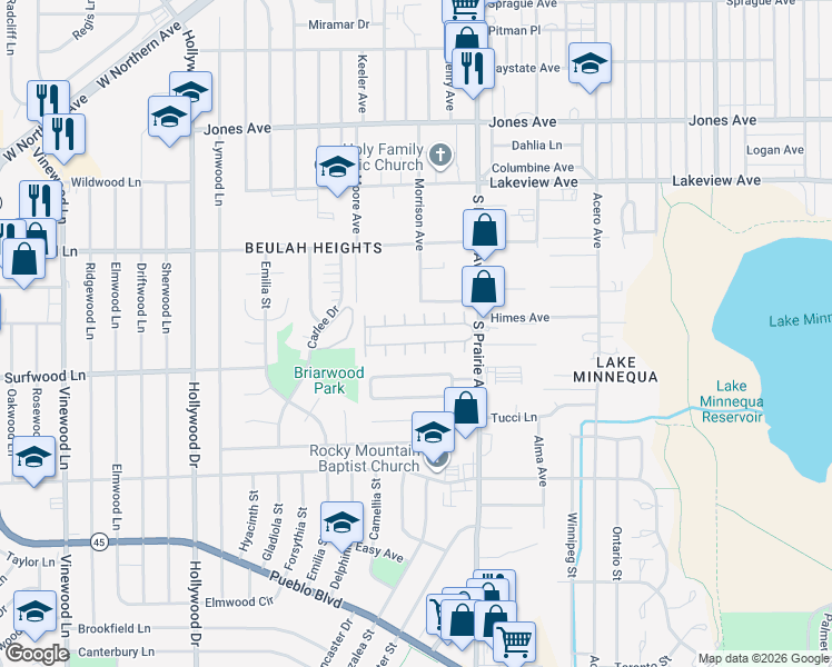 map of restaurants, bars, coffee shops, grocery stores, and more near 2121 Morrison Avenue in Pueblo