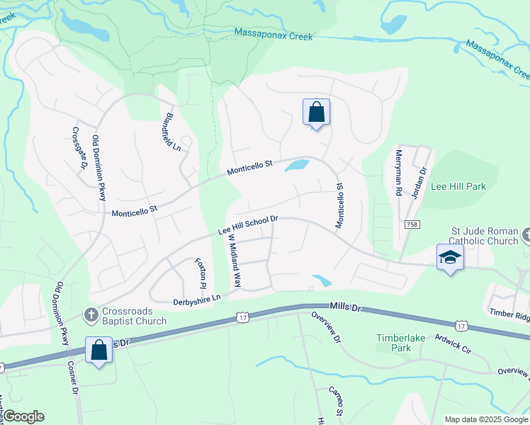 map of restaurants, bars, coffee shops, grocery stores, and more near 4114 Mossy Bank Lane in Fredericksburg