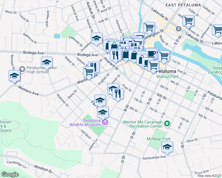 map of restaurants, bars, coffee shops, grocery stores, and more near 141 Upham Street in Petaluma