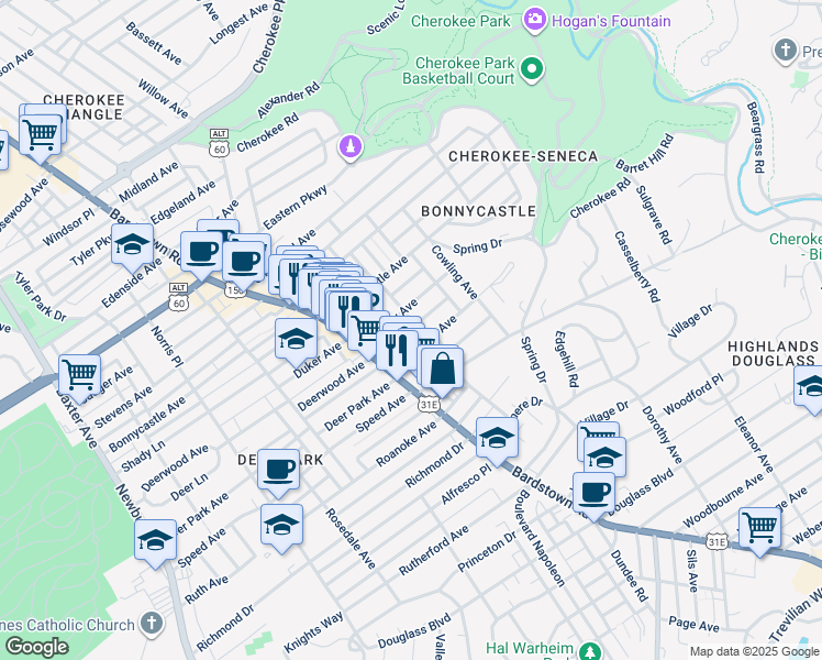 map of restaurants, bars, coffee shops, grocery stores, and more near 1714 Chichester Avenue in Louisville