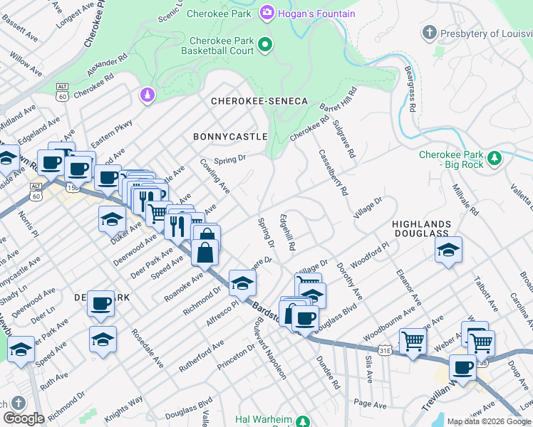 map of restaurants, bars, coffee shops, grocery stores, and more near 1801 Spring Drive in Louisville