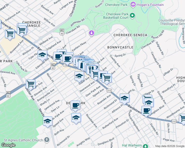 map of restaurants, bars, coffee shops, grocery stores, and more near 1704 Bardstown Road in Louisville