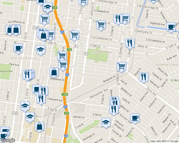 map of restaurants, bars, coffee shops, grocery stores, and more near 510 East Ormsby Avenue in Louisville