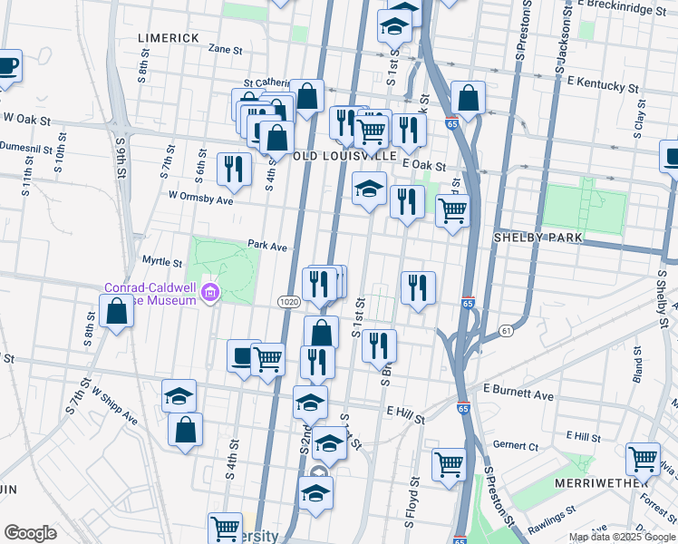 map of restaurants, bars, coffee shops, grocery stores, and more near 1354 South 2nd Street in Louisville
