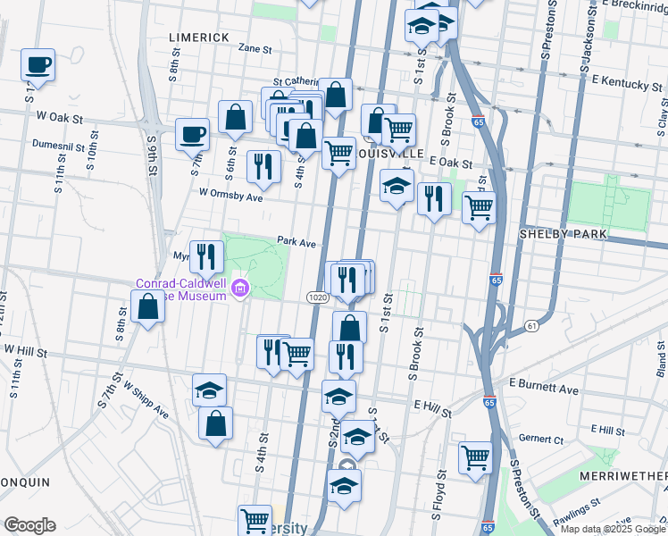 map of restaurants, bars, coffee shops, grocery stores, and more near 1358 Kentucky 1020 in Louisville