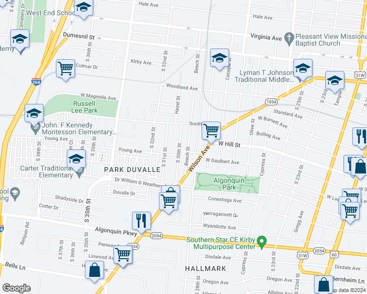 map of restaurants, bars, coffee shops, grocery stores, and more near 1533 South 30th Street in Louisville