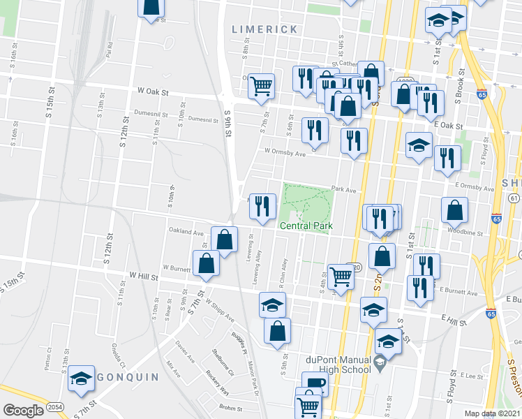 map of restaurants, bars, coffee shops, grocery stores, and more near 616 Myrtle Street in Louisville