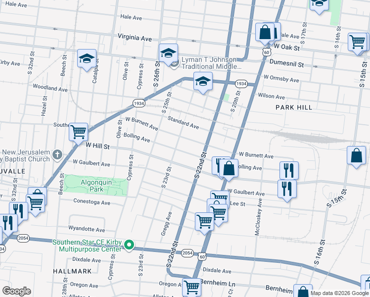 map of restaurants, bars, coffee shops, grocery stores, and more near 2211 Bolling Avenue in Louisville
