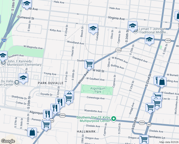 map of restaurants, bars, coffee shops, grocery stores, and more near 2930 Wilson Avenue in Louisville