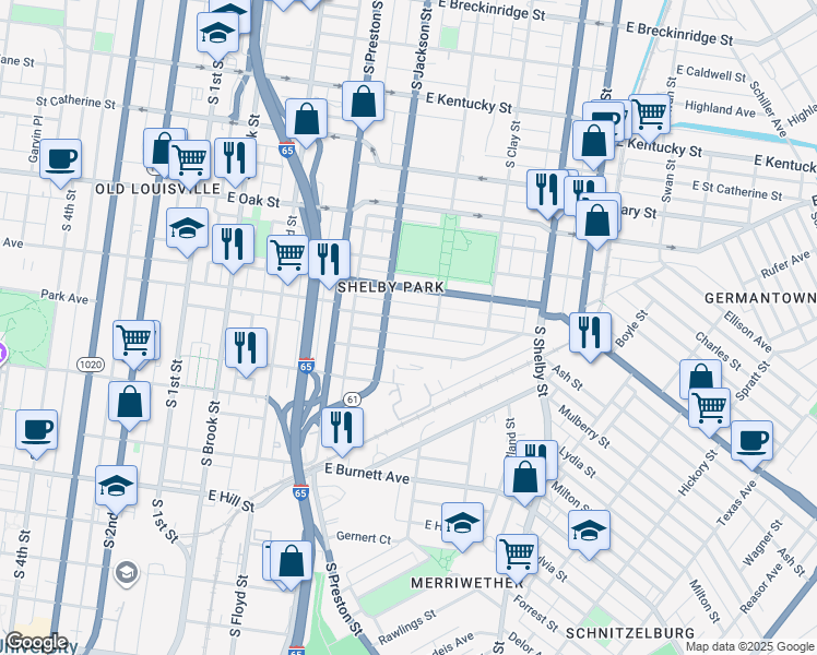 map of restaurants, bars, coffee shops, grocery stores, and more near 510 East Ormsby Avenue in Louisville