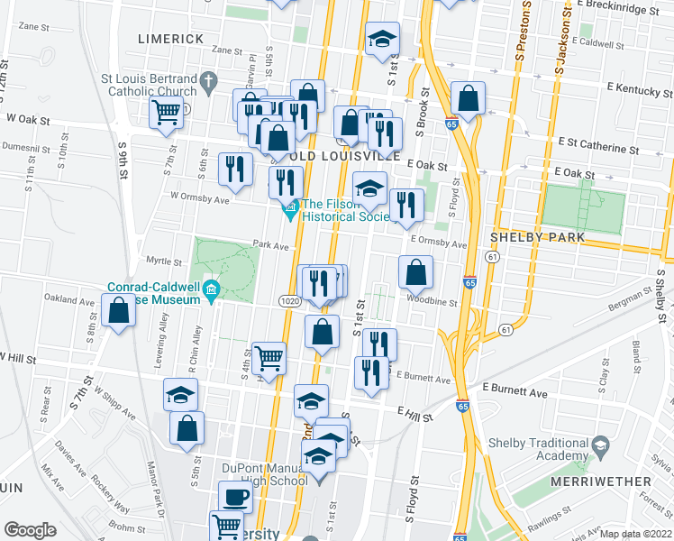 map of restaurants, bars, coffee shops, grocery stores, and more near 1354 South 2nd Street in Louisville