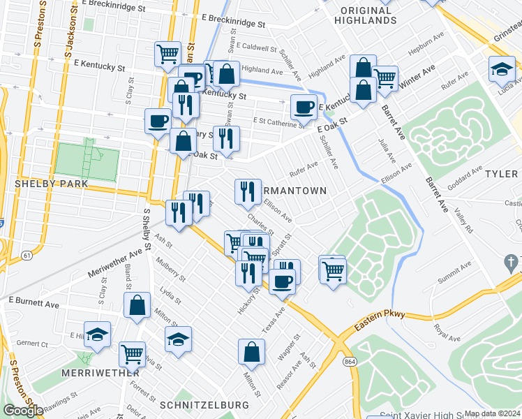 map of restaurants, bars, coffee shops, grocery stores, and more near 1215 Krieger Street in Louisville