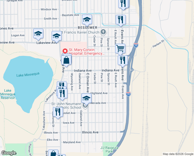 map of restaurants, bars, coffee shops, grocery stores, and more near 2124 Cedar Street in Pueblo