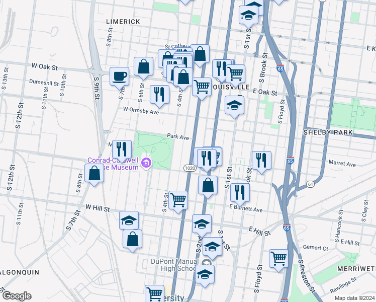 map of restaurants, bars, coffee shops, grocery stores, and more near 1358 Kentucky 1020 in Louisville