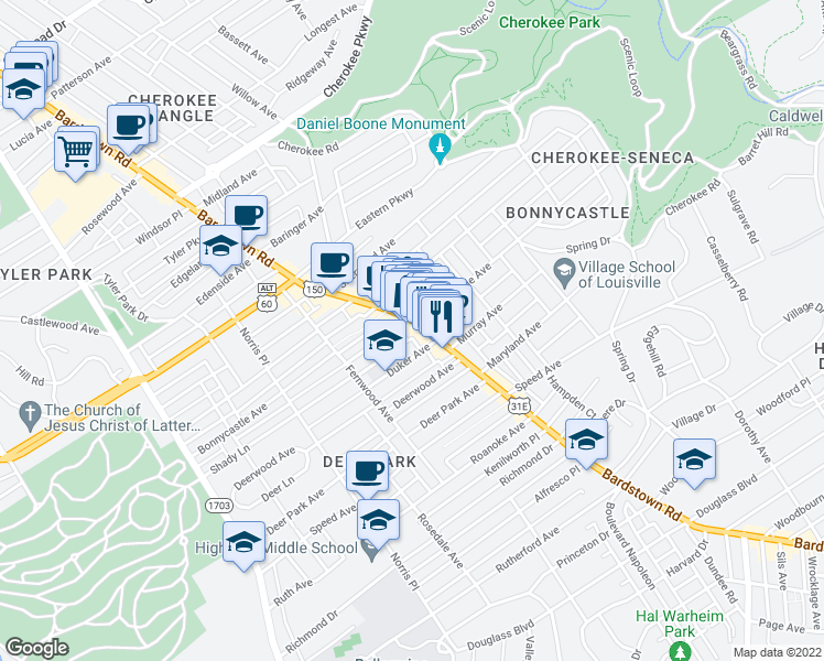 map of restaurants, bars, coffee shops, grocery stores, and more near 1704 Bardstown Road in Louisville