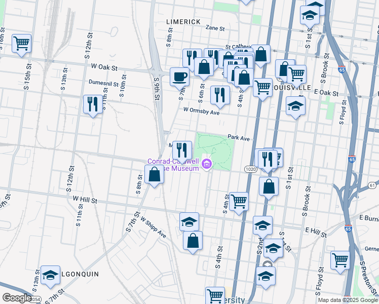 map of restaurants, bars, coffee shops, grocery stores, and more near 616 Myrtle Street in Louisville