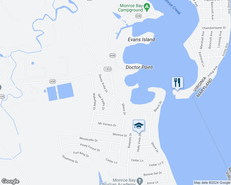 map of restaurants, bars, coffee shops, grocery stores, and more near 984 Shore Drive in Colonial Beach
