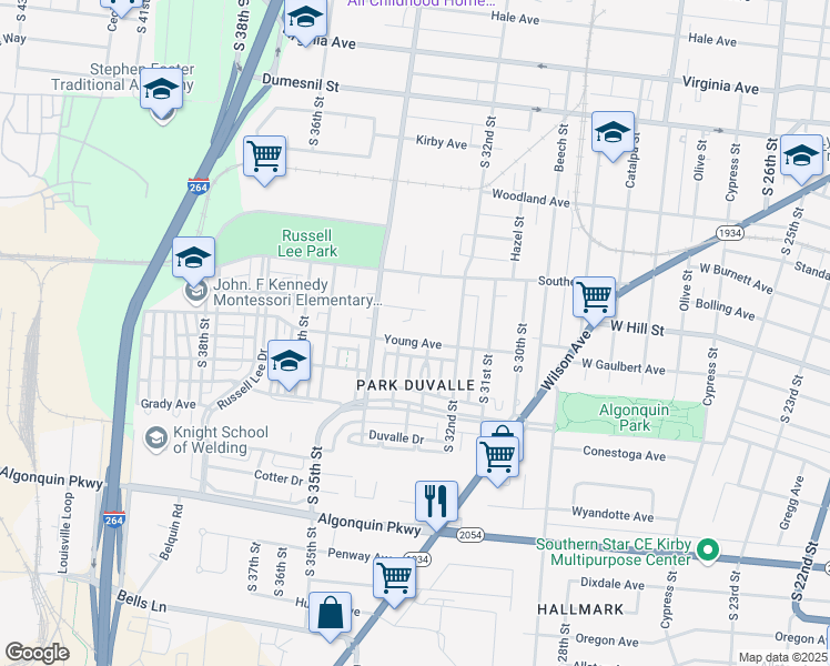 map of restaurants, bars, coffee shops, grocery stores, and more near 3325 Young Avenue in Louisville