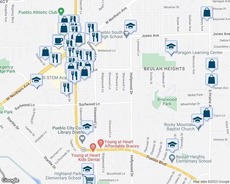 map of restaurants, bars, coffee shops, grocery stores, and more near 2027 Driftwood Lane in Pueblo