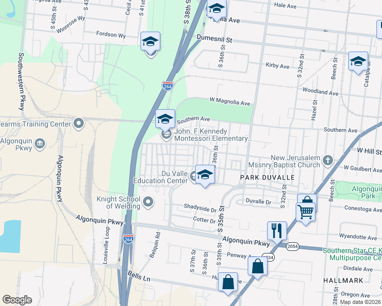 map of restaurants, bars, coffee shops, grocery stores, and more near 1612 Russell Lee Drive in Louisville