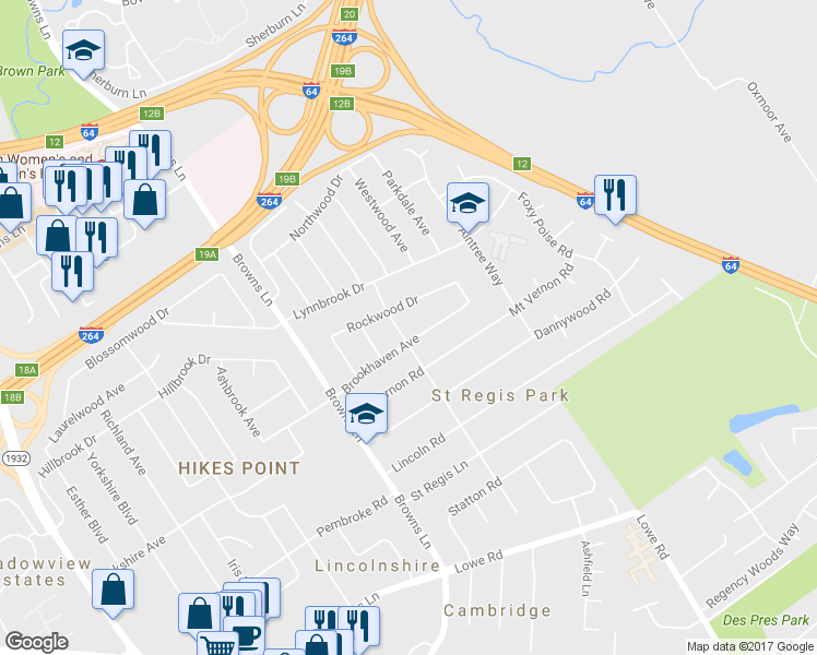 map of restaurants, bars, coffee shops, grocery stores, and more near 2507 Woodmont Drive in Louisville