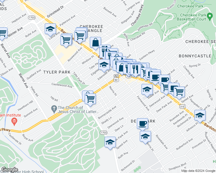 map of restaurants, bars, coffee shops, grocery stores, and more near 1724 Eastern Parkway in Louisville