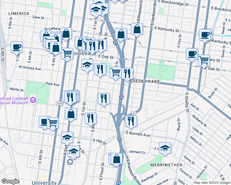 map of restaurants, bars, coffee shops, grocery stores, and more near 1321 South Floyd Street in Louisville
