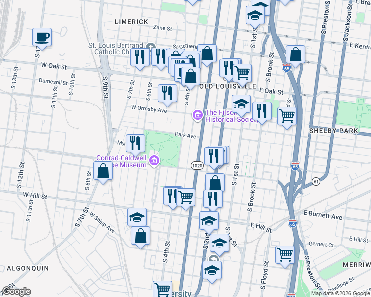 map of restaurants, bars, coffee shops, grocery stores, and more near 1359 South 4th Street in Louisville