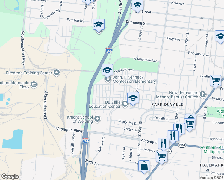 map of restaurants, bars, coffee shops, grocery stores, and more near 1609 S 38th St in Louisville