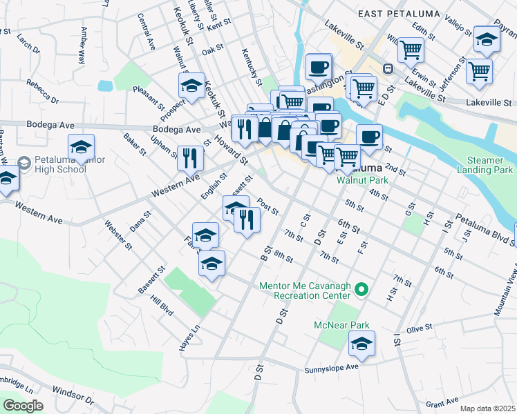 map of restaurants, bars, coffee shops, grocery stores, and more near 31 Post Street in Petaluma