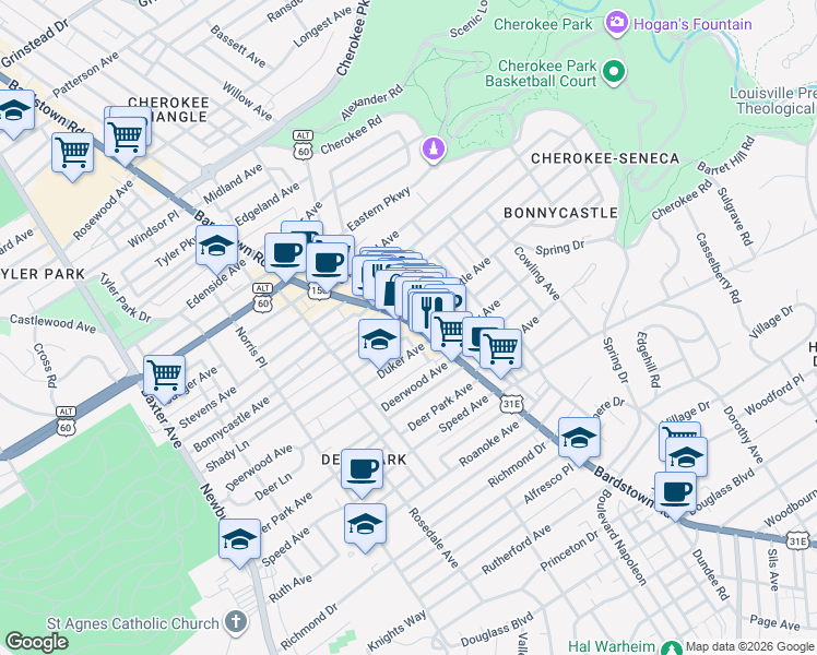 map of restaurants, bars, coffee shops, grocery stores, and more near 1606 Bardstown Road in Louisville