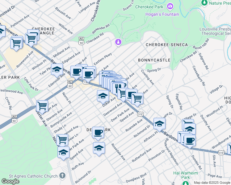 map of restaurants, bars, coffee shops, grocery stores, and more near 1607 U.S. 150 in Louisville